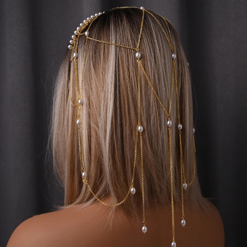 Stonefans Long Tassel Mesh Headband for Woman Press with Stones Elegant Pearl Headbands for Girls Wedding for Bride 250610