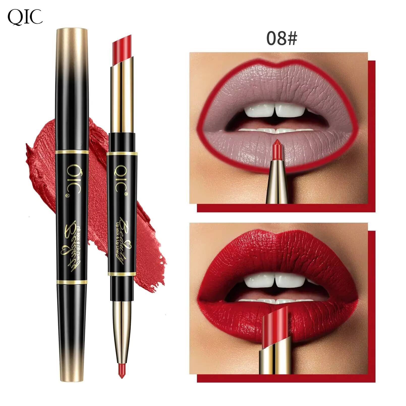 QIC Double Ended Matte Lipstick & Liner Nude 2 in 1 Lipliner Makeup Long Lasting Purple Pencil Lip Stain Cosmetic happy