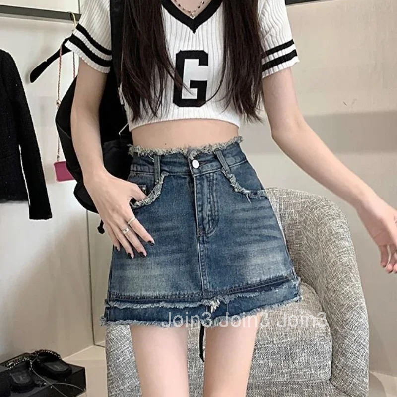 Tight Zipper High Waist Midi Gyaru Pink Cute Woman Denim Skirt Mini Kawaii Wrap Short Blue Jeans Skirts for Women Modest Vintage