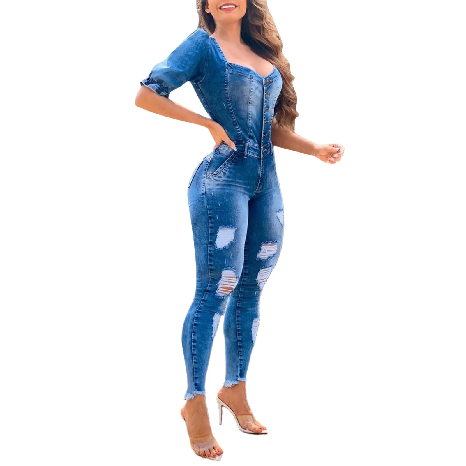 Ripped Hole Denim Overalls Women Jeans Jumpsuit Female Puff Sleeve Skinny Rompers Playsuits Streetwear Combinaison Femme 250612