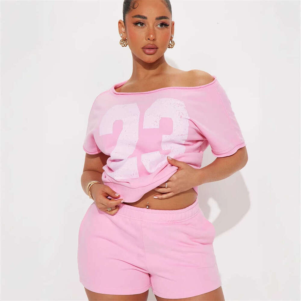 Summer American Style Digital Print Off-Shoulder Asymmetric Neck Top And High-Waisted Bodycon Shorts Set For Women B5