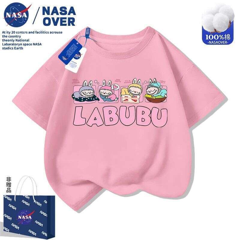 NASA Labubu Children's Summer Short Sleeve T-Shirt 2025 New Cartoon Top for Boys and Girls