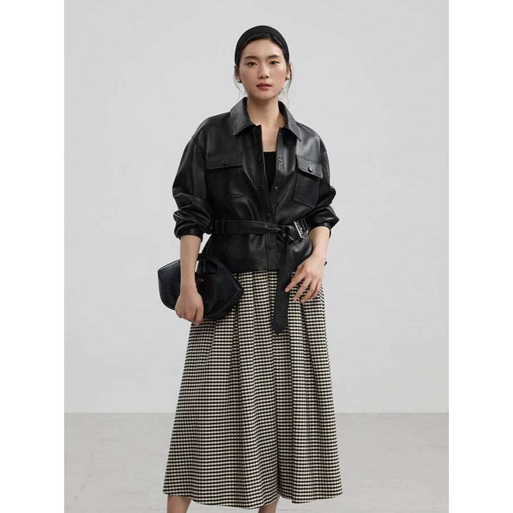 Casual Black Genuine Leather Jackets for Women Spring Autumn High-end Simple Lychee Texture Short Real Sheepskin Coat with Belt