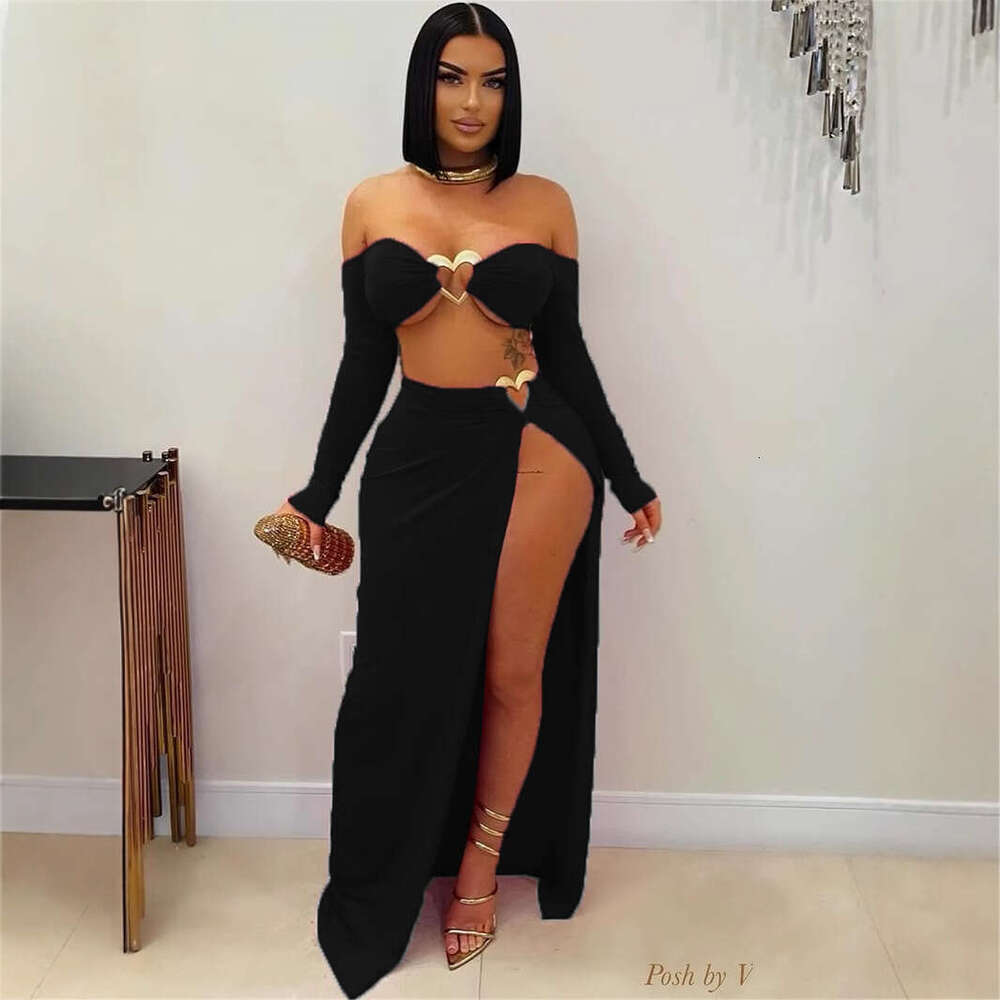 New Solid Color Sleeve Sexy Short Crop Top With Split Long Skirt Set For Women B5