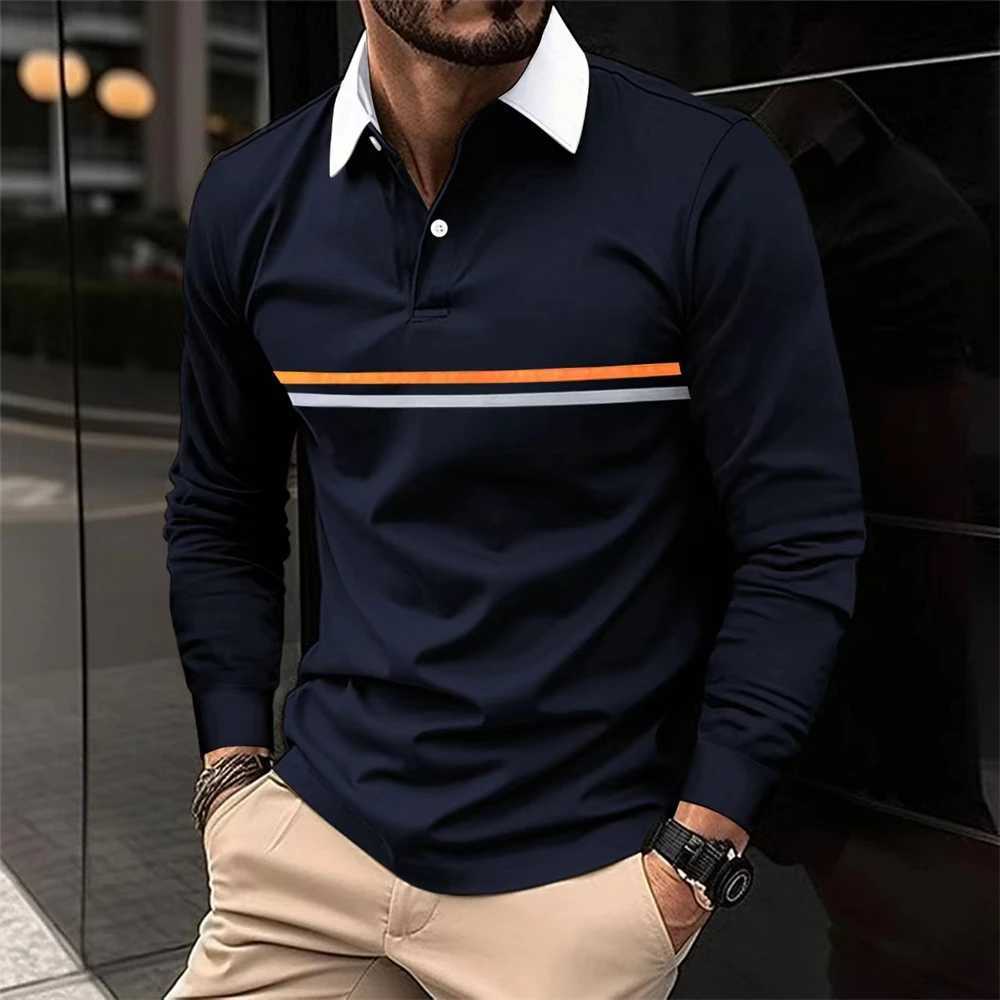 2024 Men New Stripe Long Sleeve Polo Shirt Men Casual Simple Style Polo Shirts Spring Fall Stand Basic Blouse Tees Mens Clothing W250616