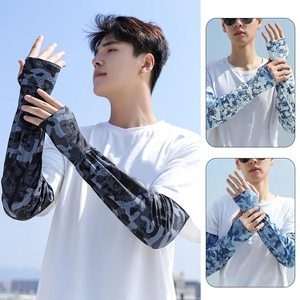 Fashion Camouflage Print Ice Silk Anti-UV Arm Sleeves Breathable Men Sunscreen Sleeves Non-slip Half Finger Fishing Run Sleeves 250610