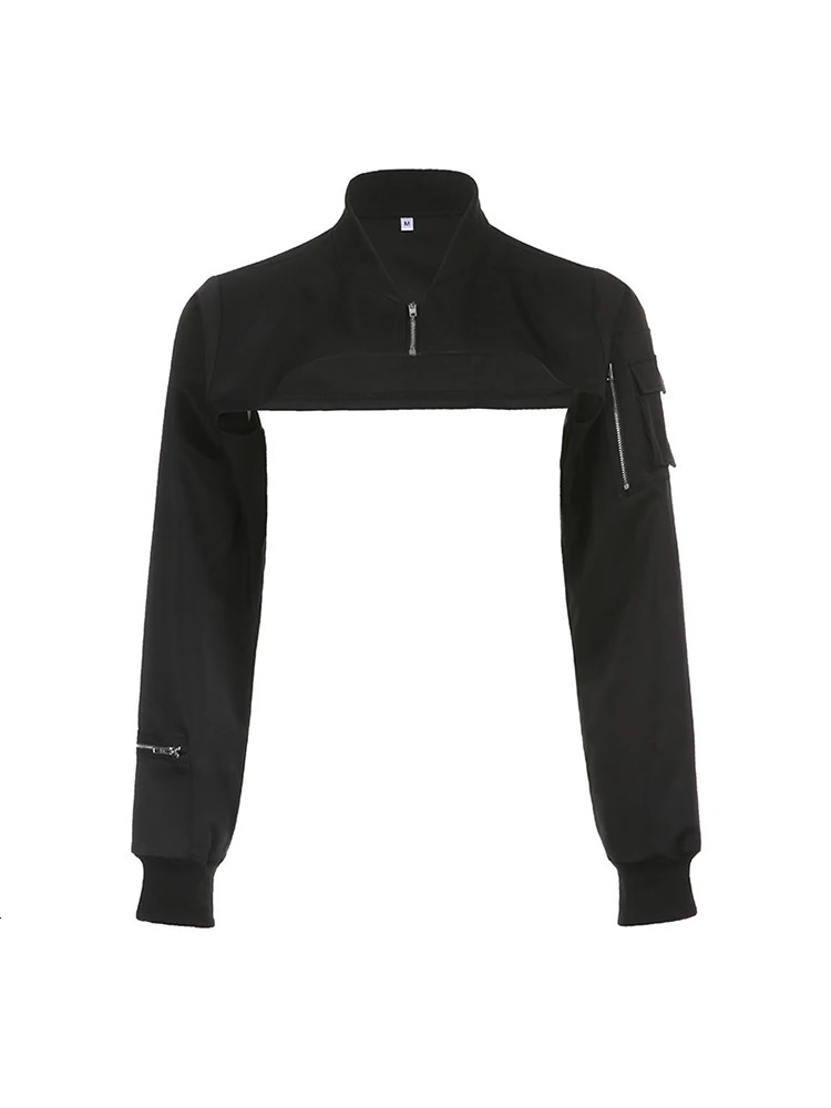 Zip Up Stand Collar Long Sleeve Black Cropped Jackets Women Pocket Safari Style Streetwear 250614