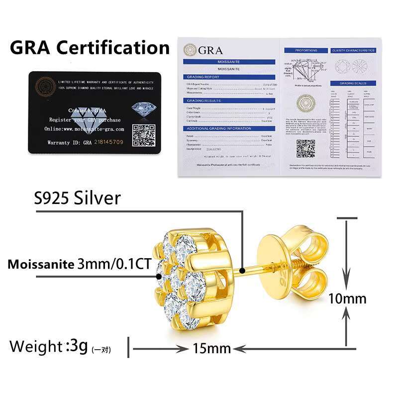 Men Hip Hop 18K Gold 925 Sterling Silver Screw Back GRA Certified Pass Diamond Tester 3mm VVS Moissanite Cluster Stud Earrings