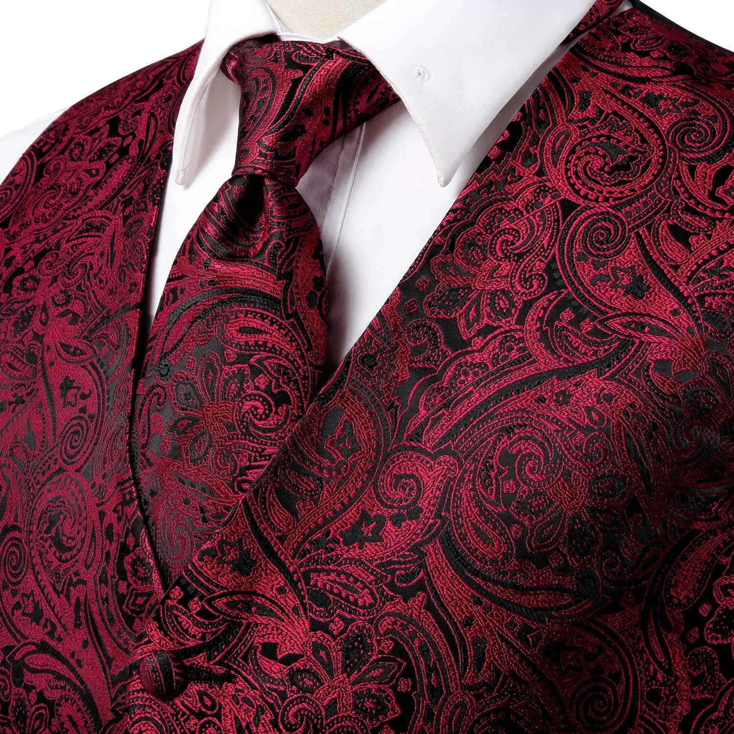 Hi-Tie 4PC Silk Mens Vest With Tie Hanky Cufflink Business Formal Dress Slim Sleeveless Jacket Burgundy Paisley Suit Waistcoat 250614