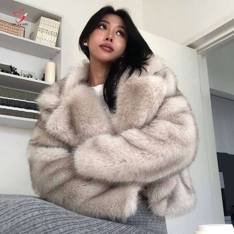 2024 Women Fashion Cropped Faux Jacket Long Sleeve Front Snap-button Female Outerwear Chic Lapel Coller Thick Fur Coat