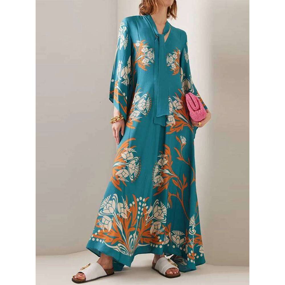 Casual Flower Printed Lace Up Women Dress V-neck Flare Sleeve Loose Female Maxi Dresses 2024 Spring Summer New Chic Lady Robe