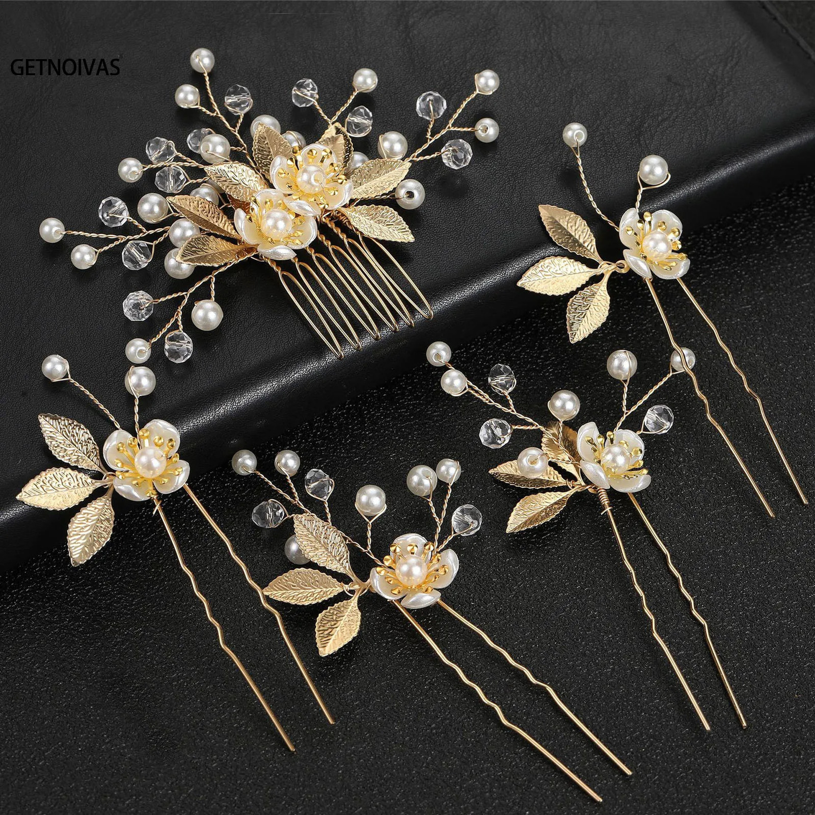 Wedding Pearl Flower Hairpin Side Comb Golden Leaf Alloy Tiaras Wedding Bride Insert Hair Clips Hair Jewelry Bride Headwear 5Pcs 250610
