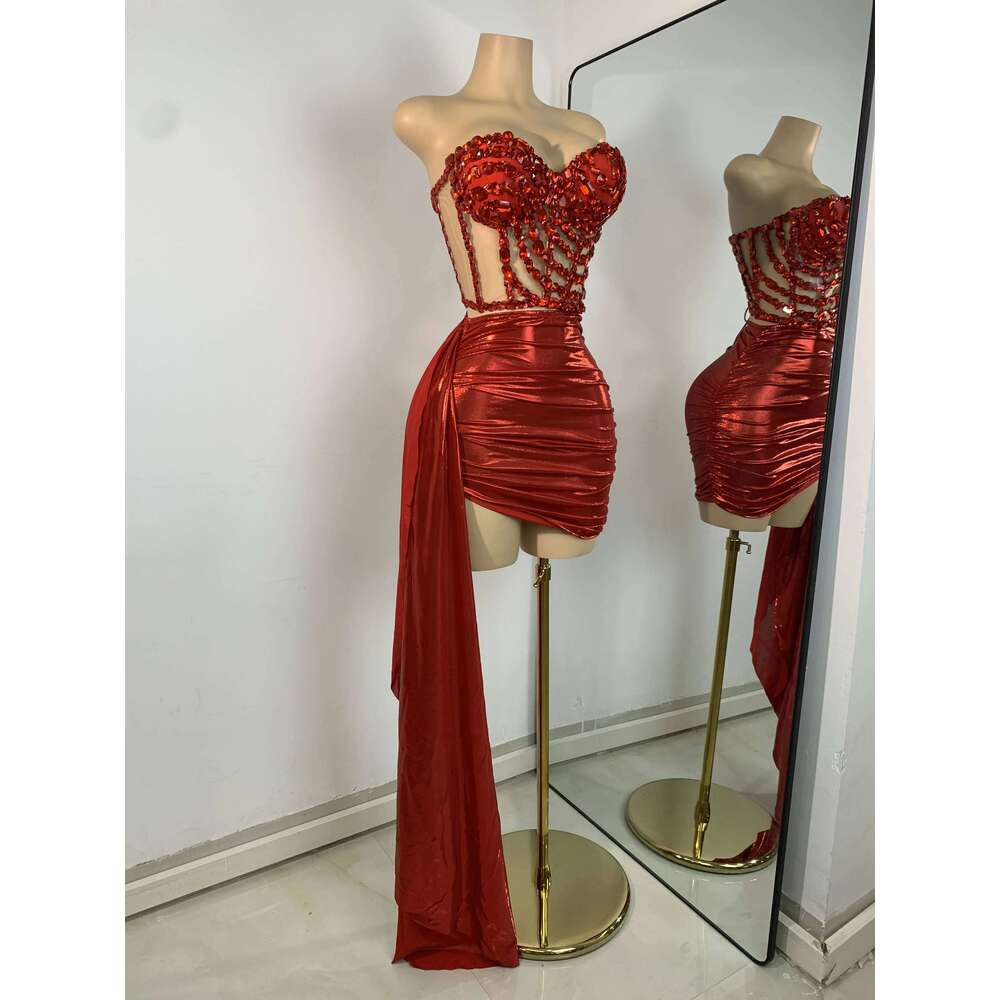 Sparkly Red Dias Asymmetrical Two Pieces Dress Design 2025 Women Sexy Strapless Top Skirt Suits Dance Performance Outfit
