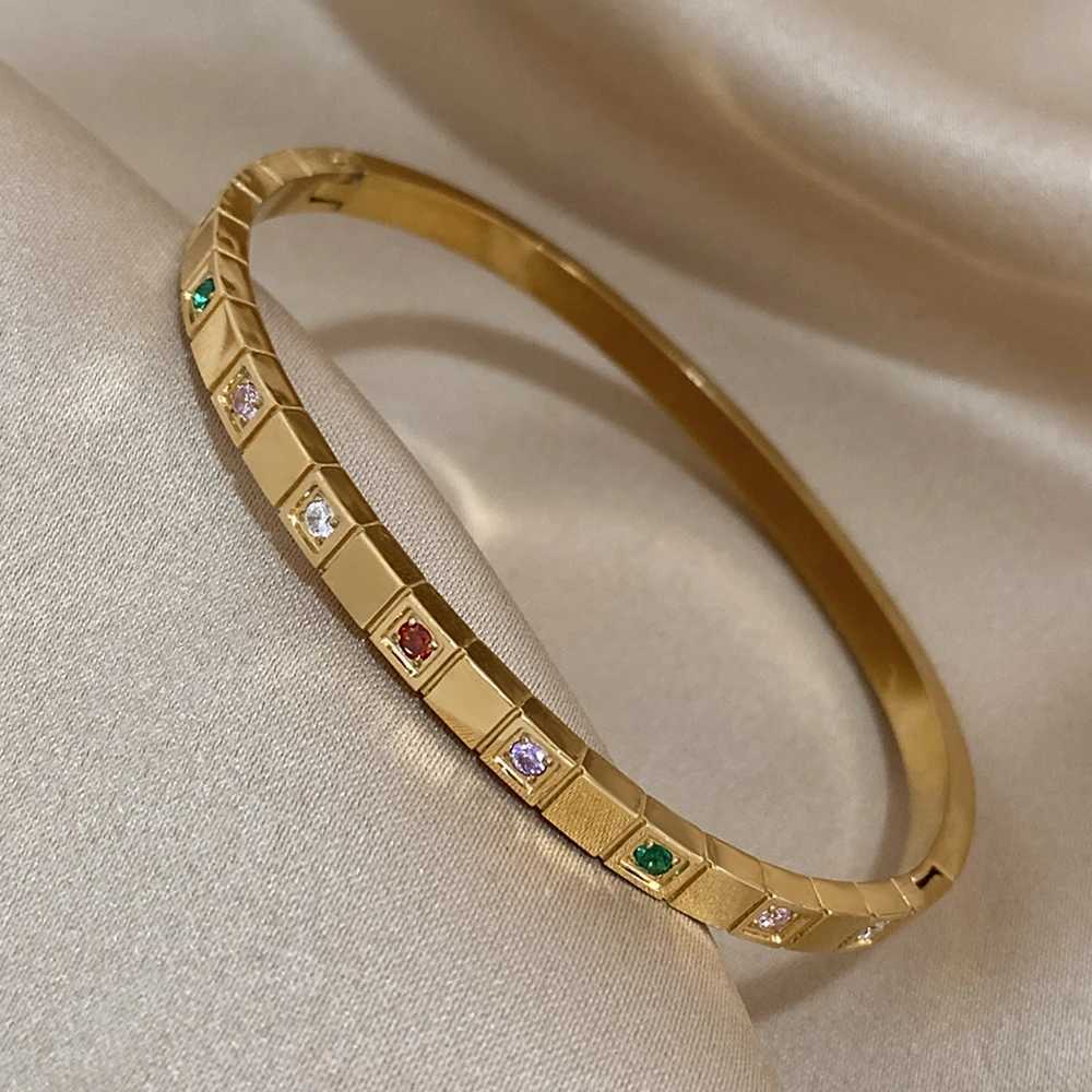 New Inlaid Square Small Colored Zircon Stainless Steel Bangle for Women Luxury Gold Plated Cubic Zirconia Z250616