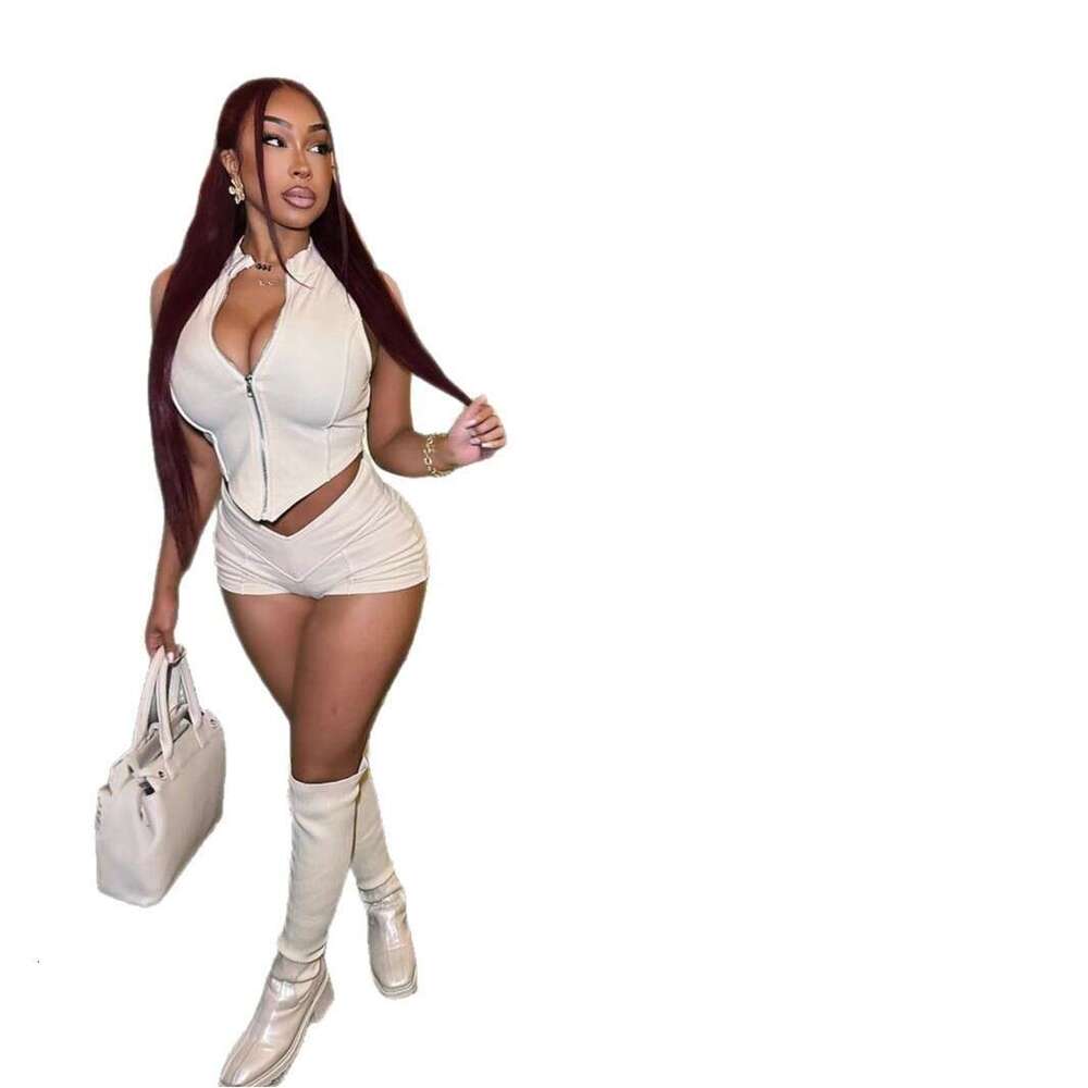 New Women's Sexy Fashion Sleeveless Zipper V-Neck Tube Top High-Waisted Shorts Set B5