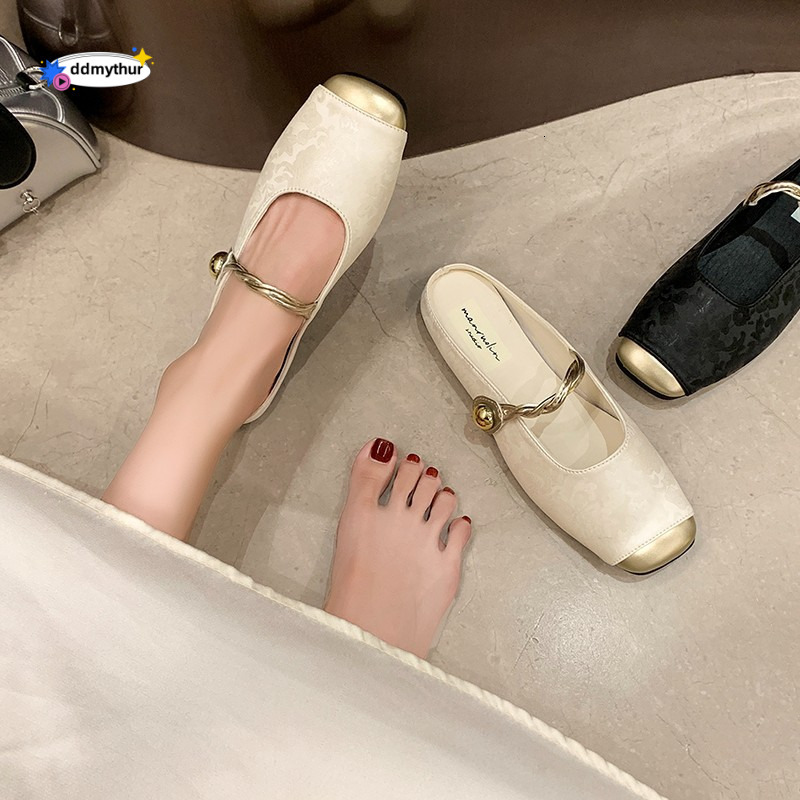 2025 Spring Summer New Chinese Style Closed-Toe Half Outdoor Square Toe Lazy Shoes Soft Sole Women's Slippers Loafers ddmythur