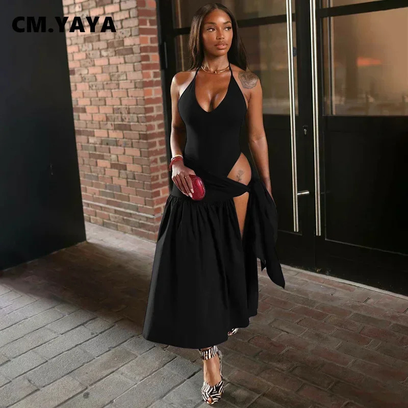 CM.YAYA Elegant Womens Set Sleeveless Strap Bodysuit Long Skirts Set Autumn Tracksuit Sexy Tie Up Two 2 Piece Set Outfits 250614
