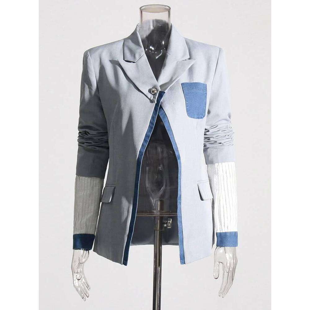 ROMISS Streetwear Colorblock Blazers For Women Notched Collar Long Sleeve Patchwork Denim Casual Temperament Blazer Female New