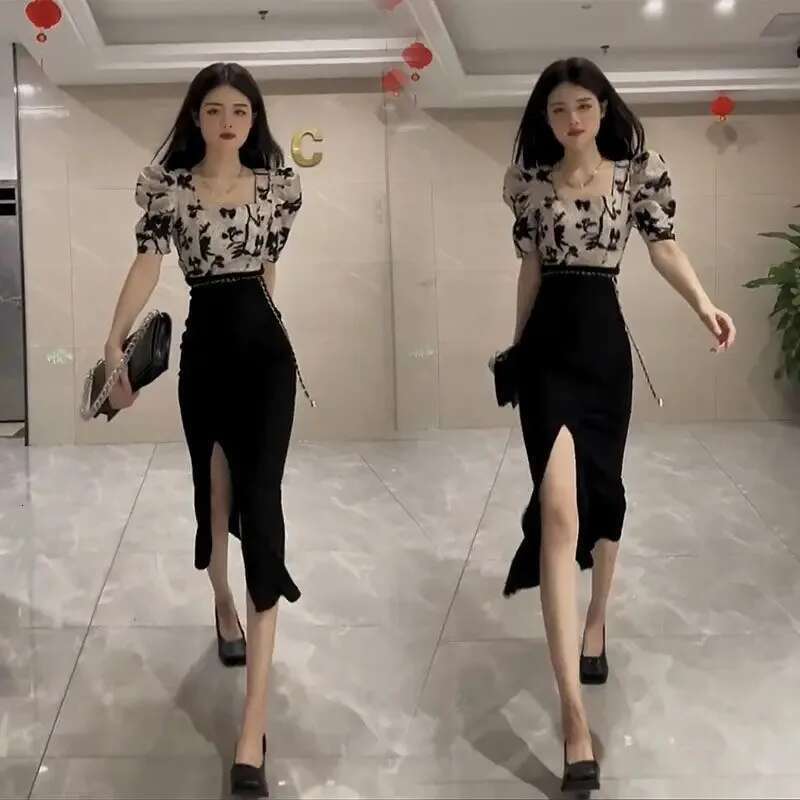 2 Pieces Sets for Women Slit Short Sleeve Suits Skirt Sexy Woman Outfit Y2k Clothes Top and Bottom New Matching Summer 2024 Full