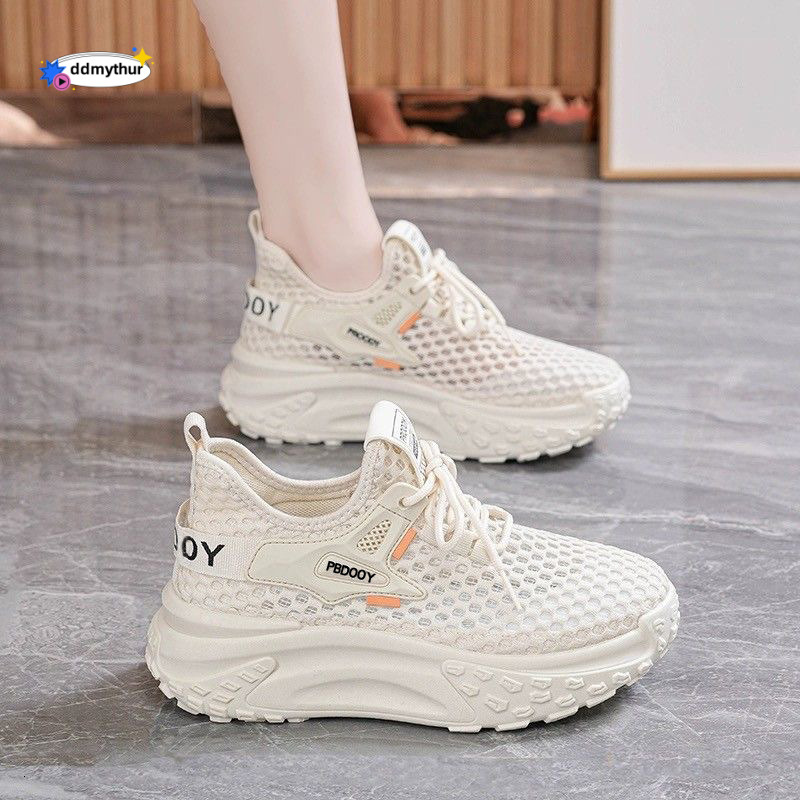 2025 Summer Women's New Breathable Hollow Mesh Korean Style Versatile Thick-Soled Sneakers Casual Dad Shoes ddmythur