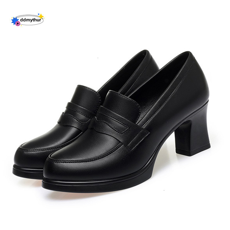 Waterproof Platform High Heels 2025 Spring New Thick Heel Slip-On Black Loafers Mid-Open Single Round Toe Leather Shoes ddmythur