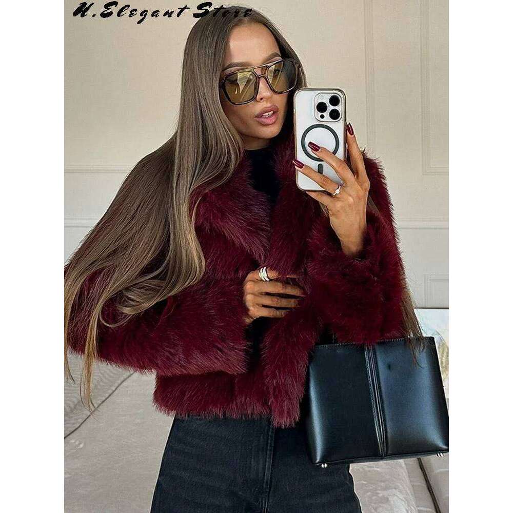 Chic Retro Faux Fur Furry Coat For Long Sleeve Lapel Warm Jackets Solid Coats 2024 Autumn High Street Lady Outerwear