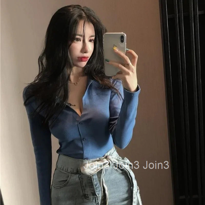 Female Tee Button Cotton T-shirts Long Sleeve Womens Polo Pulovers Synthetic Cheap Tops Youthful Elegant Aesthetic Youth
