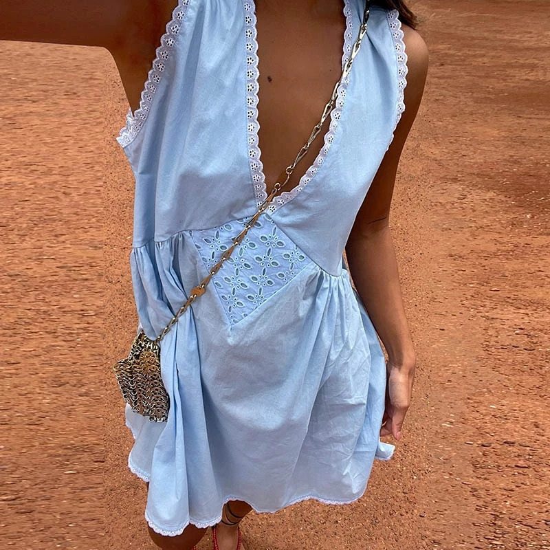 Womens Lace Trim V Neck Mini Dress Y2k 90s Vintage Aesthetic Summer Flowy Swing Dress Going Out Boho Coquette A Line Dress 250614