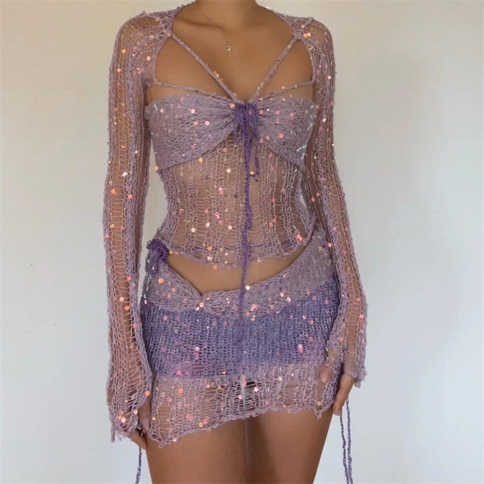 Sexy Sequined Knitted Sweater Party Dresses 3 Piece Skirt Sets Outfits Flare Long Sleeve SeeThrough Cluewear Dress 250609