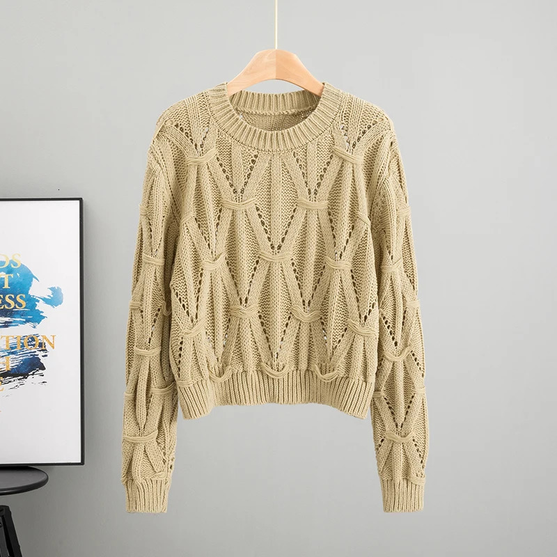 Womens Long Sleeve Top O Neck Knit Lady Autumn Spring Knitted Solid Hollow out Fashion pullover 250614