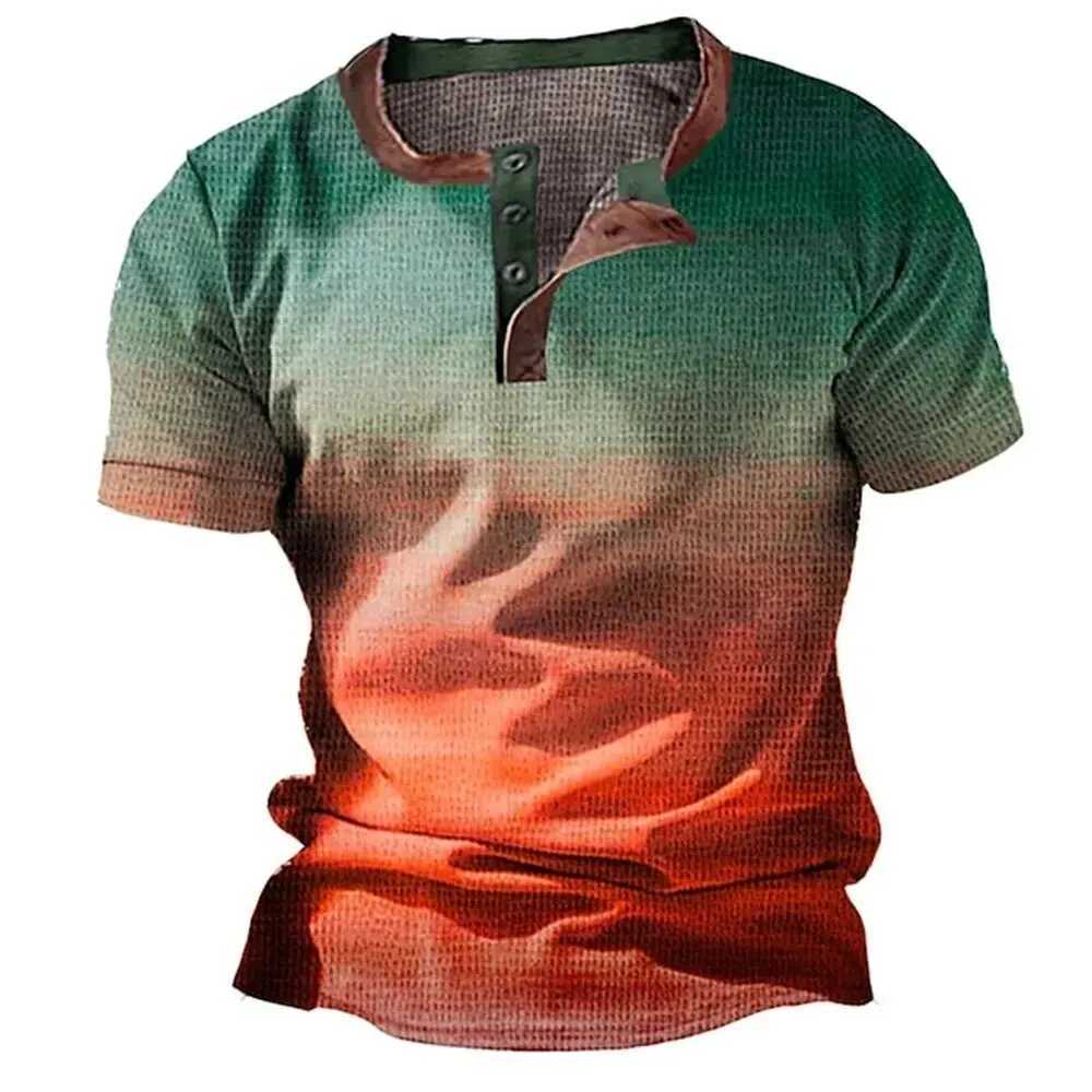 Fashion Henley Shirts 3D Color Splicing Print T-Shirts Casual Comfortable Loose Short Sleeve Tops Summer Street Vintage Clothes W250616