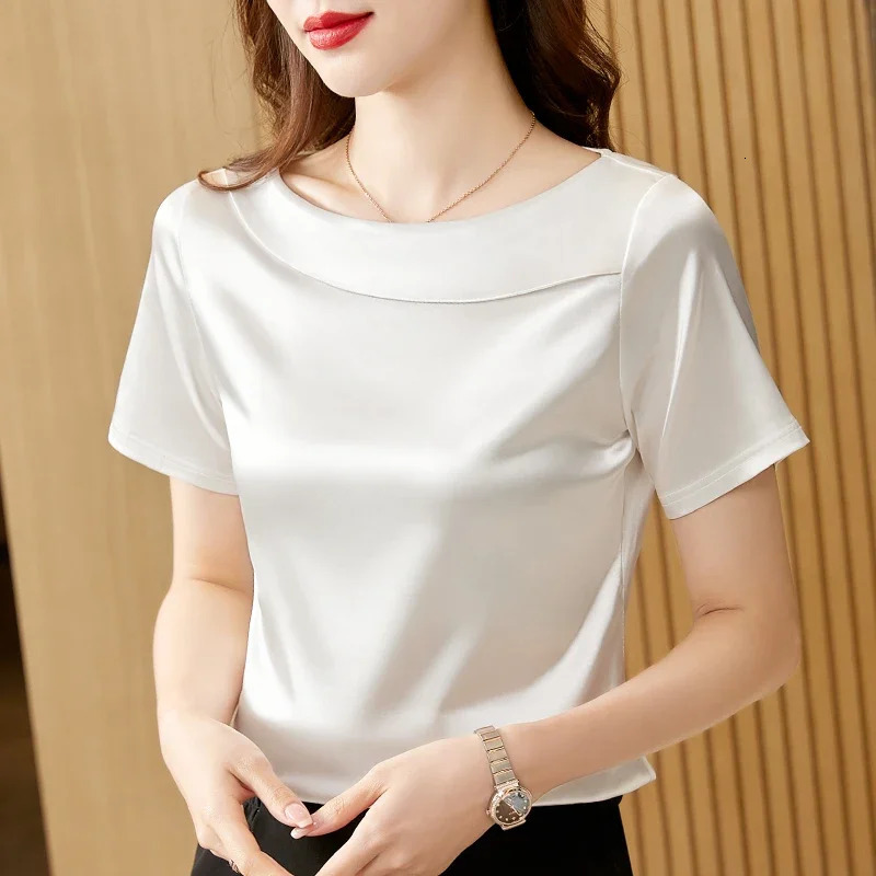 Satin Women Blouse T-shirt Skew Collar Blouses Summer Short Sleeve Womens Tops Solid Elegant Women Clothing OL Shirts for Women 250614