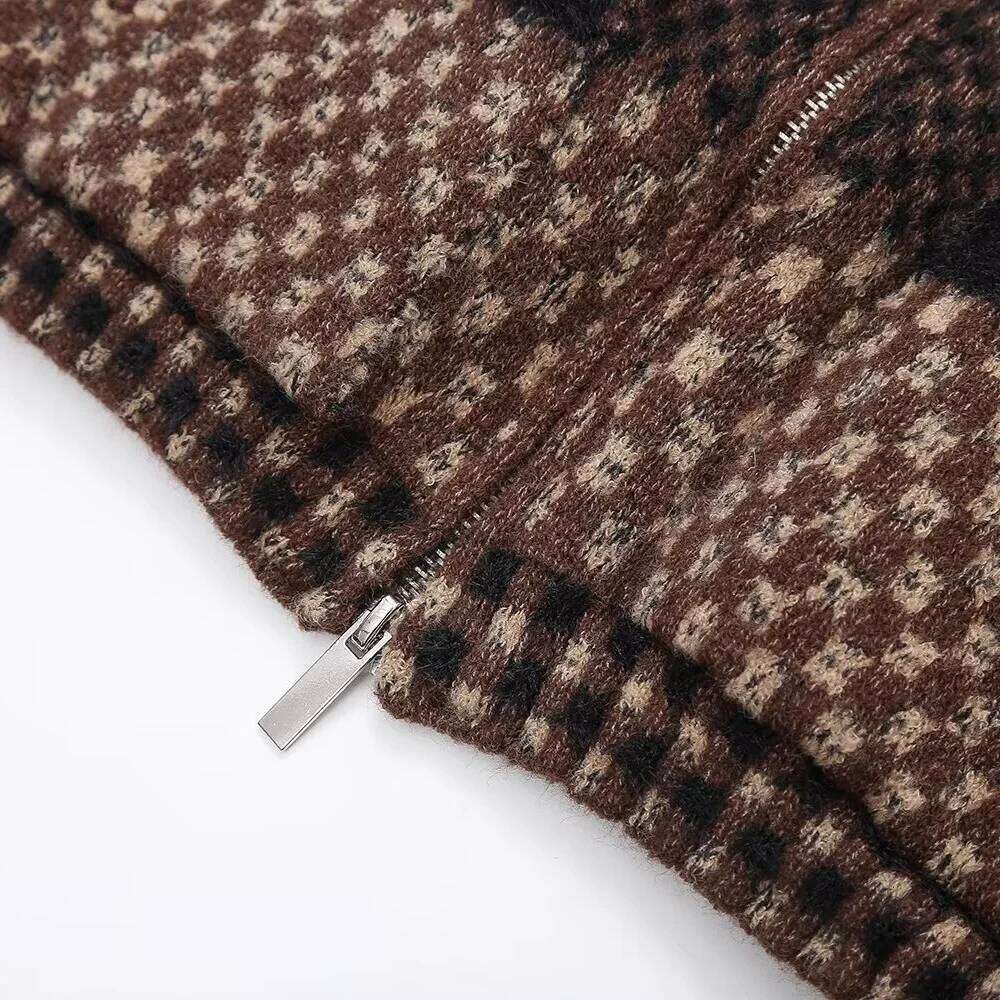 BMURHMZA Autumn/Winter New Product Women's Fashion Collar Long Sleeve Checkered Knitwear Cardigan Sweater Coat