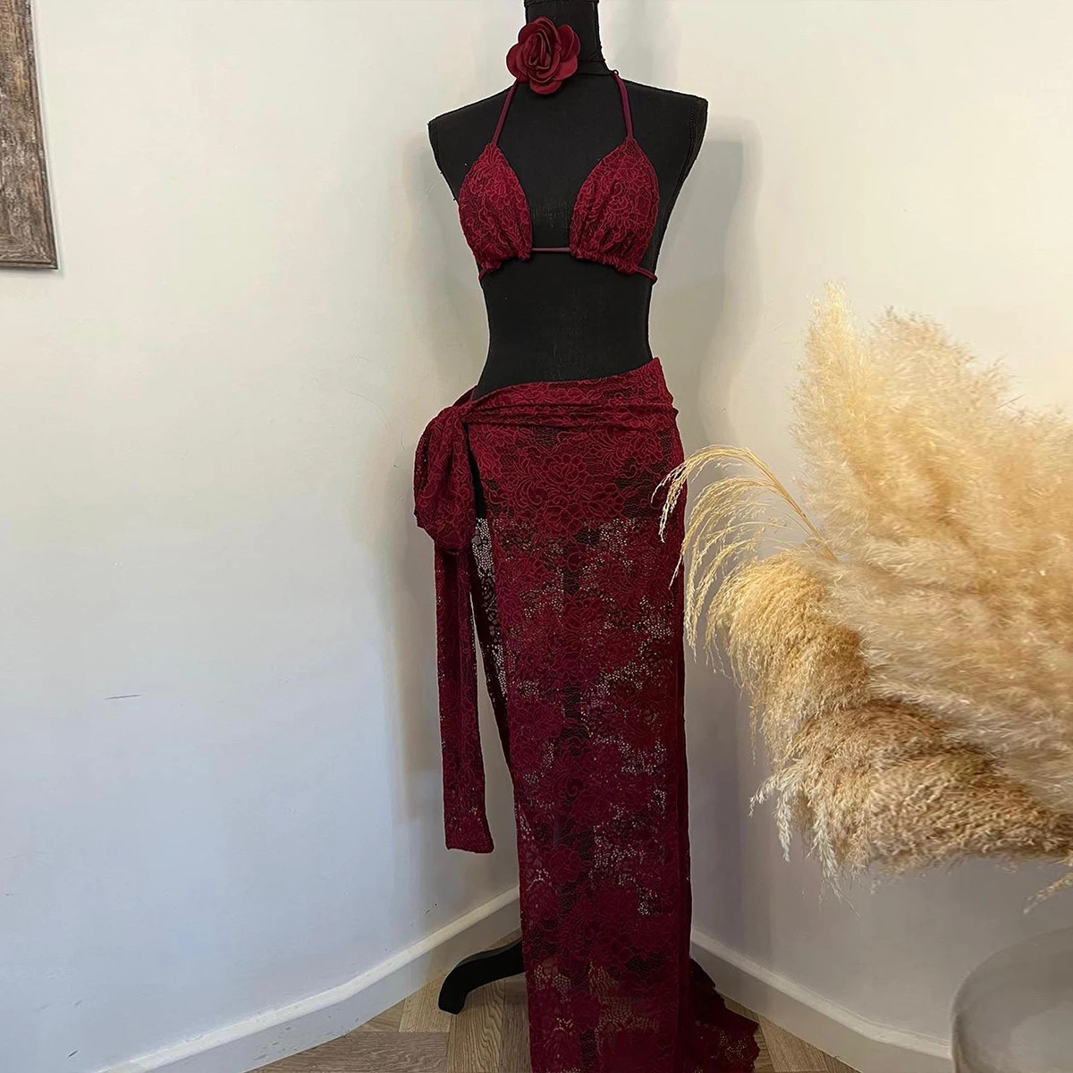 3Packs Flower Bikini With Beach Skirt Lace Up Swimsuit Women Sexy Swimwear Female Crochet Dress Bathing Suits Sarongs Biquini 250614