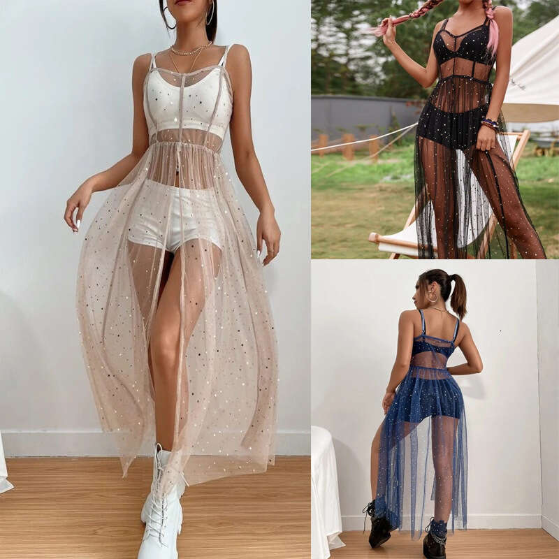 Ins Style Street Spaghetti Strap Bikini Cover-Up Star Sheer Mesh Sexy Slim Dress 2025 New Elegant Unique Fashion