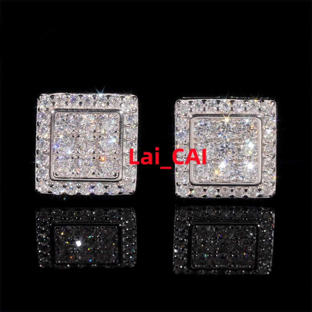 DE Hip Hop Iced Out Moissanite Earring 925 Sterling Silver Chic Square Moissanite Earrings Hip Hop Moissanite Earring Women Men