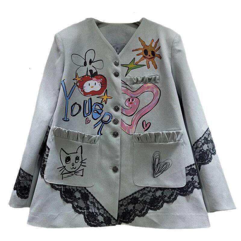 WTHT Trendy New Women Colorful Graffiti Spliced Lace Design Blazer 2025 Spring Fashion Lapel Long Sleeves Jacket Female 1LS1171