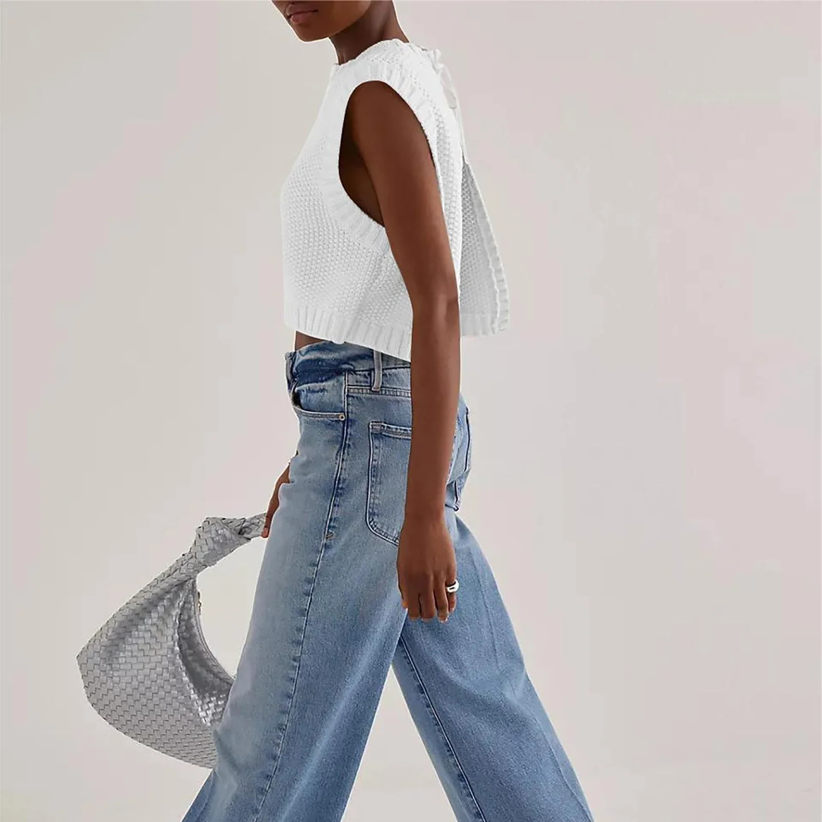 Women Casual Sleeveless Backless Solid Color Loose Tank Tops Sweater Vest Early Fall Open Back Knit Vest 250614