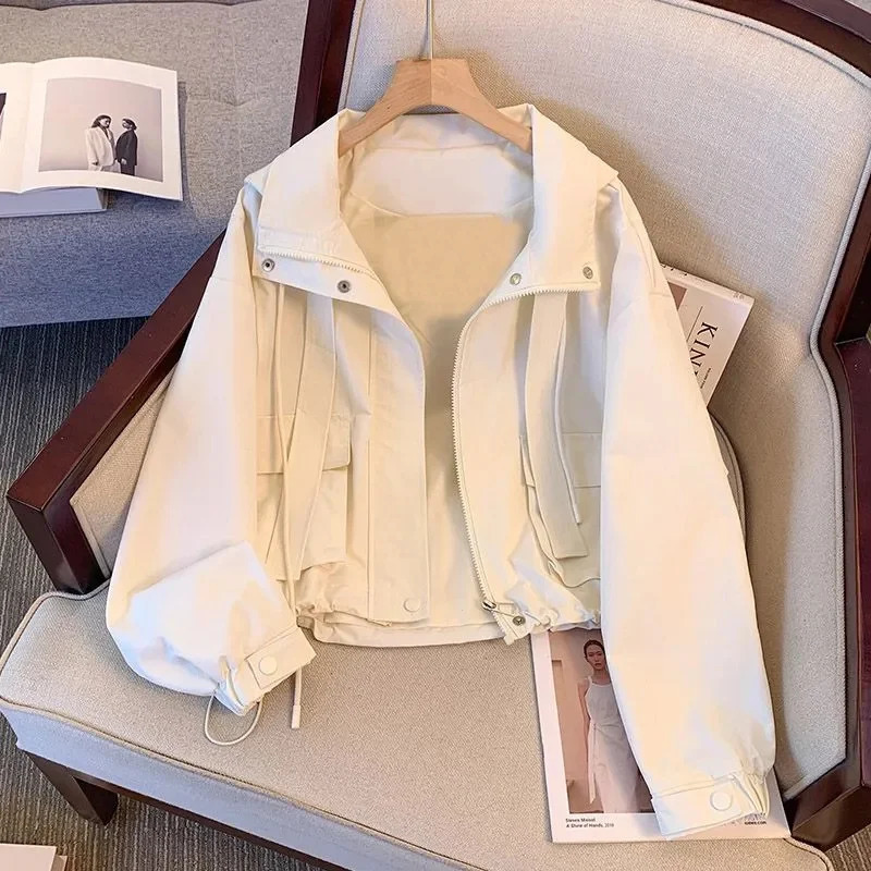 2025 Spring Autumn Coat Women Cropped Hooded Jacket Casual Thin Loose Clothes Windbreakers Female Tops Outerwear Overcoat 250614