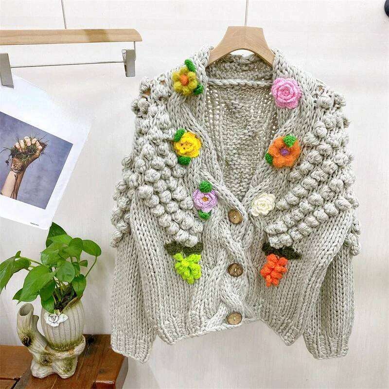 Women Hand-Knitted Cardigan With 3D Flower Design Vintage Twisted Chunky Sweater 2023 Winter New In