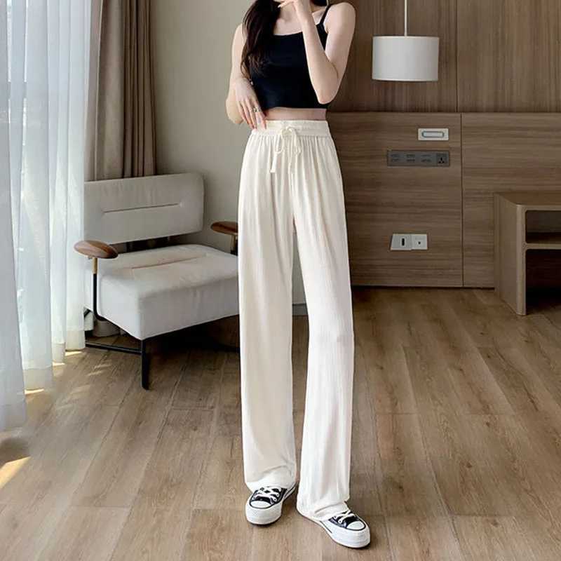 Summer Cool Ice Silk Straight Pants Women Fashion High Waist Wide Leg Trousers Fe Solid Sagging Feeling Baggy Casual PantsXJ250616