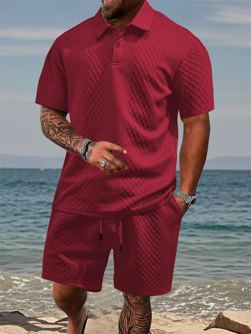 Summer Mens Casual Sportswear Polo Shirt Turnover collar Shortsleeved And Shorts Jacquard Texture Suit 250612