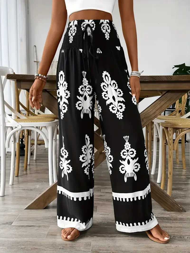 Women Fashion Plus Size 1XL-5XL Floral Print Wide Leg Pants Fe Casual Ele Drstring High Waisted Loose Long TrousersXJ250616