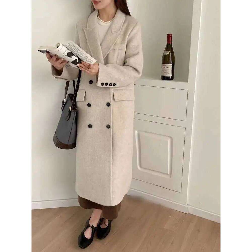 LANMREM Korean Style Wool Coat Notched Collar Double Breasted Long Sleeves Office Lady Overcoat 2025 Spring Winter 2Db1226