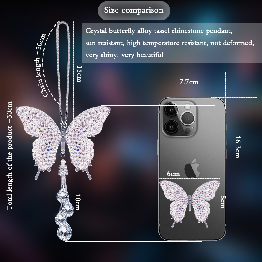 Fashion shiny diamond butterfly gemstone car pendant sequin butterfly rear view mirror decoration charm girls new car birthday graduation souvenir gif