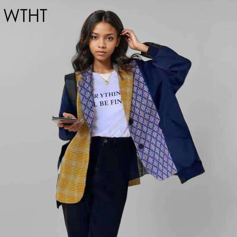 WTHT Trendy Women's Control Color Design Loose Fake Two-piece Blazer 2024 Autumn Fashion Lapel Long Sleeves Jacket Female 1LS243