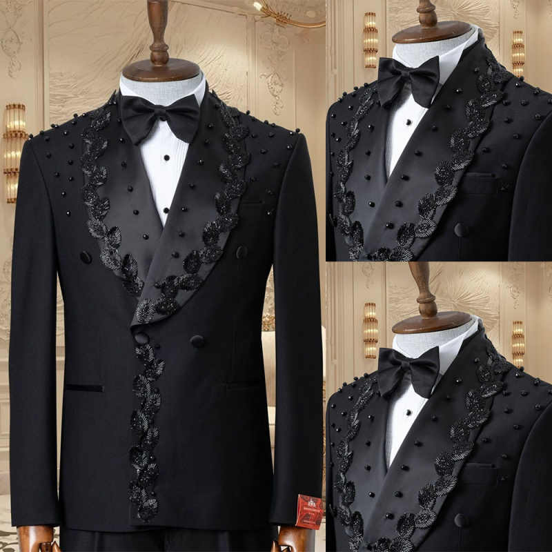 2 Pieces Sparkly Men Suits Double Breasted Wedding Party Blazers 2 Pieces Sets Crystal Beaded Customized Groom Tuxedo Male ropa hombre