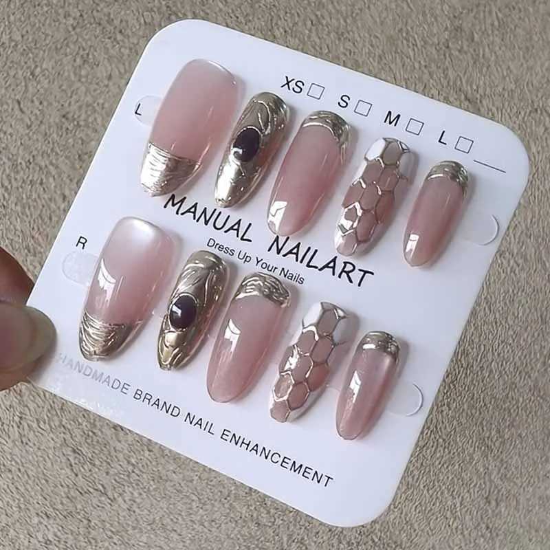 10Pcs 3D Hollow Diamond Grid Irregular Gilded French Style Purple Gemstone Detachable Manicure Nail Patch R250616