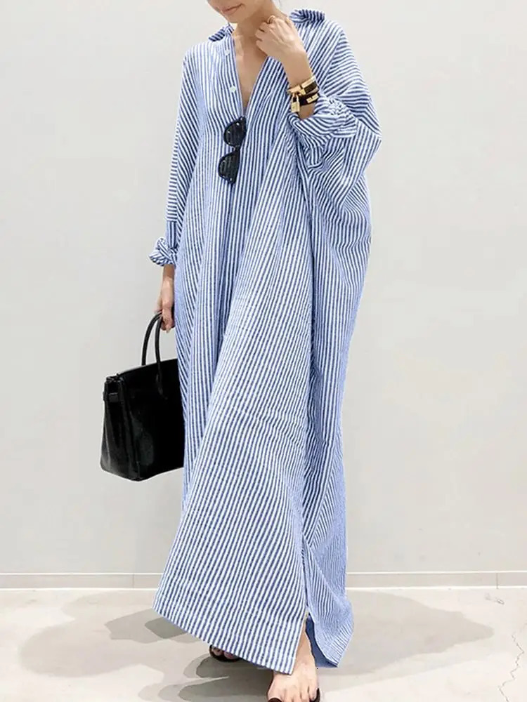 Stripe Printed Beach Party Sundress ZANZEA Spring Fall Bohemian Women Long Sleeve Lapel Dress Fashion Casual Loose Dresses 250609