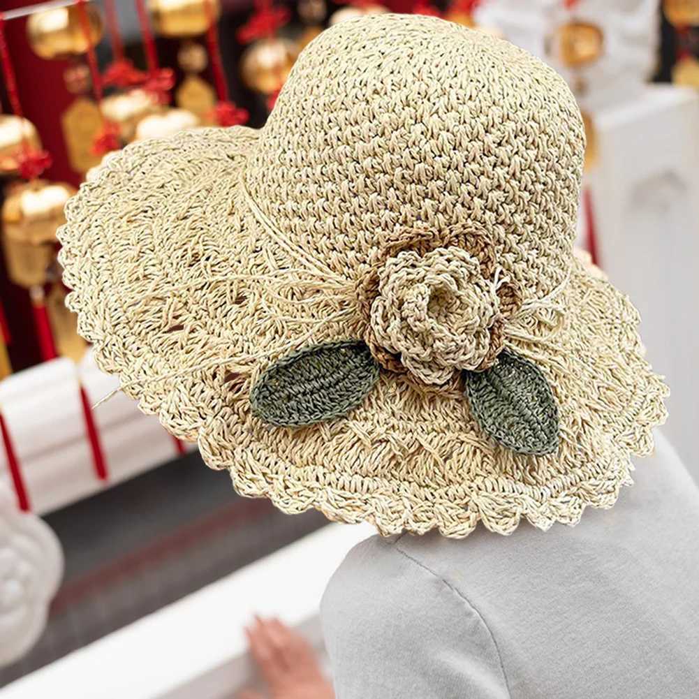 New Arrival Simple Women Hand-woven Straw Hat With Flowers Soft Lightweight Sun Hats For Outdoor Beach Vacation Foldable Sun Protection Cap U250616